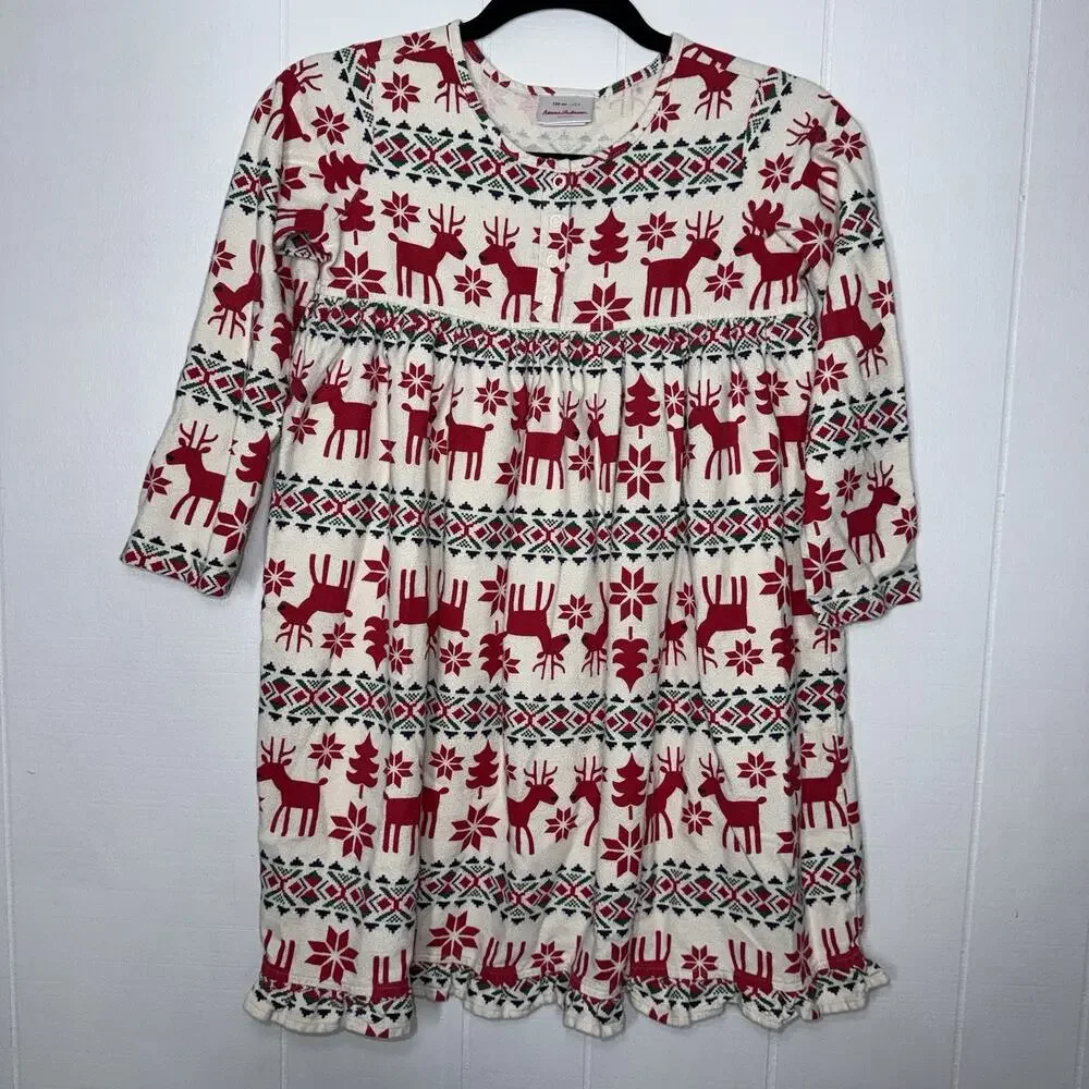 Hanna Andersson Girl’s Flannel Nightgown Dear Deer Christmas Pajamas Size 8